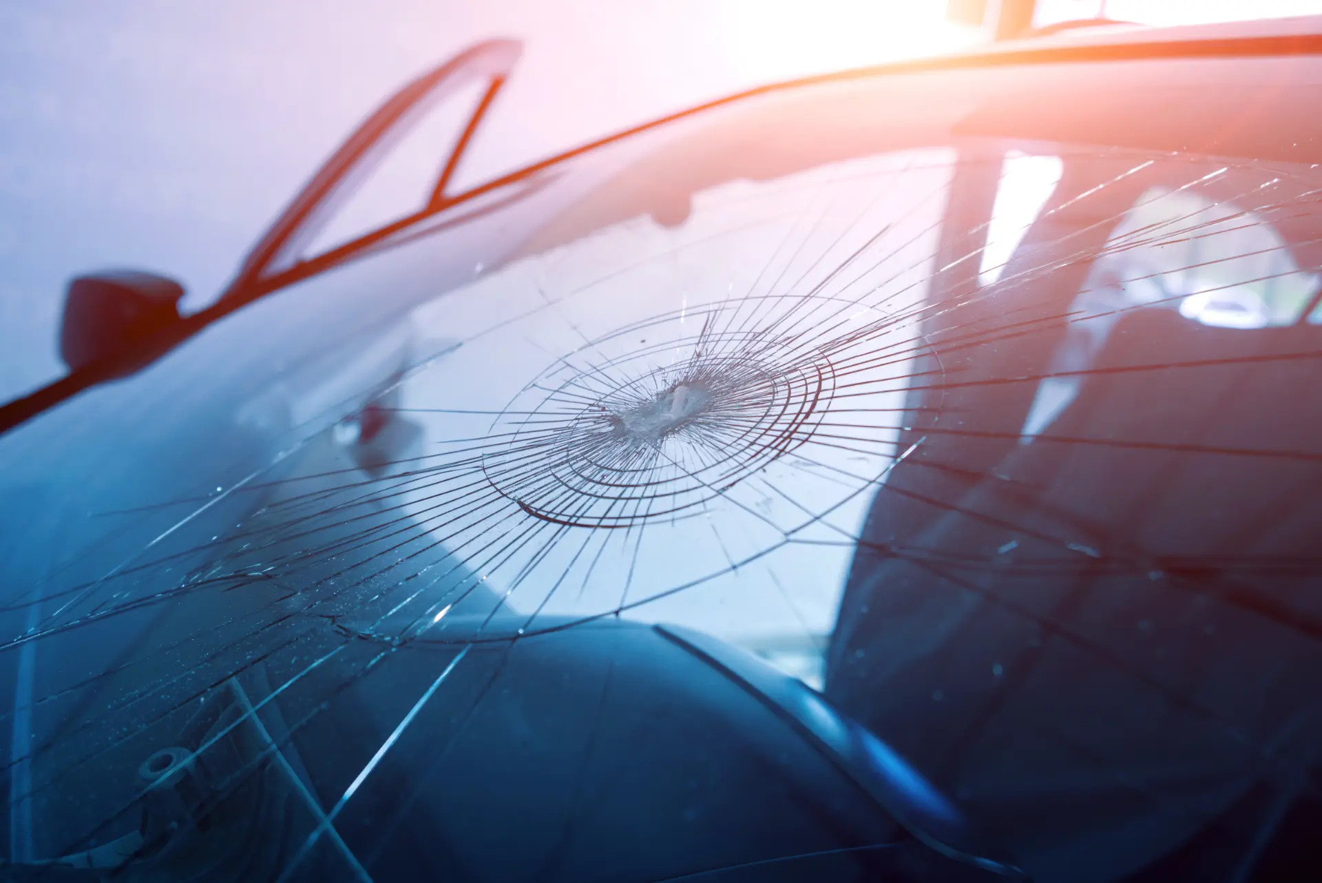 Large bullseye crack with spider web damage on a windscreen