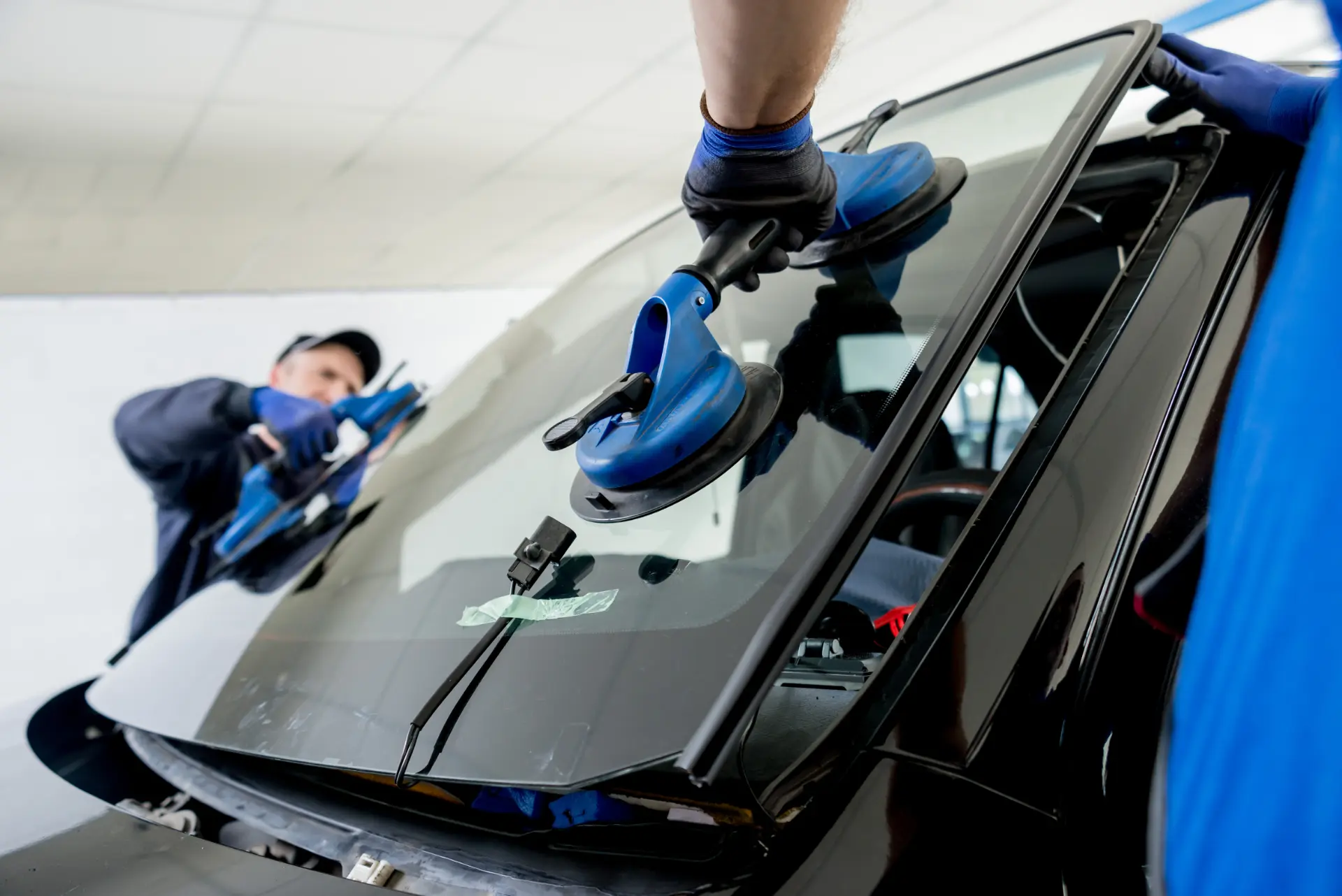 Technician lifting a windscreen with a blue suction cup