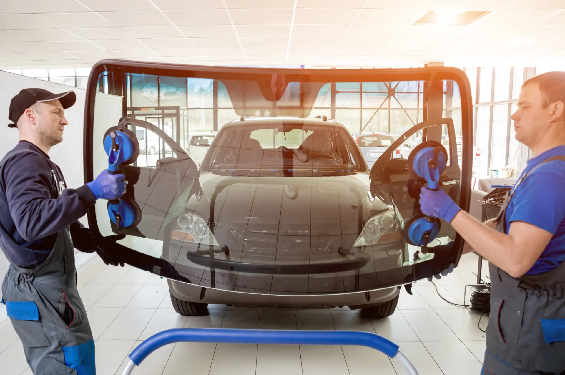Two technicians carrying a new windscreen with blue suction cups